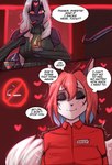 bar canid canine clothing comic dialogue duo emily_(lizzard_sama) english_text female fire fox green_eyes heart_symbol hi_res lizard lizzard_sama lizzy_(lizzard_sama) mammal red_eyes reptile scalie smoke text