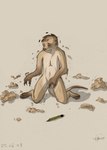 anthro anthro_to_feral brown_body brown_fur eleode eyes_closed featureless_crotch feral fur grimace hair_loss herpestid kneeling male mammal meerkat navel pencil_(object) shedding shrinking simple_background size_transformation solo titash_(character) transformation