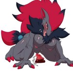 1:1 anthro blush bodily_fluids breasts canid canine censored claws cottontail dildo female fur generation_5_pokemon genitals hair hi_res looking_at_viewer mammal nintendo nipples nude pokemon pokemon_(species) pussy sex_toy solo sweat zoroark