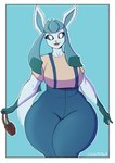 absurd_res anthro blue_body breasts canid clothed clothing dalethblack digital_media_(artwork) eeveelution female generation_4_pokemon glaceon hi_res mammal nintendo open_mouth pokemon pokemon_(species) simple_background smile solo tail