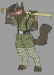 2021 anthro brown_body brown_fur canid canine clothing corporal_(xenopera) digitigrade facial_scar fangs fur gesture grey_background hi_res holding_object holding_weapon leg_wrap male mammal military_uniform mythological_canine mythological_creature mythology notched_ear orange_eyes orange_sclera panzerschrecker paws ranged_weapon salute scar simple_background solo standing teeth uniform weapon weapon_on_shoulder were werecanid werecanine werewolf xenopera