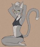 anthro bra breasts clothed clothing colored countershading digital_drawing_(artwork) digital_media_(artwork) eyebrows felid feline female female_anthro fur grey_body grey_fur hands_behind_head hi_res johndoe8771 kneeling looking_at_viewer mammal multicolored_body multicolored_fur navel panties plantigrade side_view simple_background small_breasts smile solo sylvania_(johndoe8771) tail tight_clothing underwear yellow_eyes