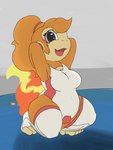 absurd_res anthro anthrofied breasts chimchar chimerastories clothing crouching female fire flaming_tail fur generation_4_pokemon grey_eyes hair hands_behind_head haplorhine hi_res legwear leotard long_hair looking_at_viewer mammal nintendo open_mouth orange_body orange_fur orange_hair pokemon pokemon_(species) ponytail primate short_stack solo stockings tail tan_body tan_fur teeth tongue white_clothing