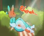 2024 anthro anus backsack balls beanshaped blush bodily_fluids butt collar collar_only countershading detailed_background english_text erection femboy forest forest_background fur genitals grass hand_on_butt humanoid_genitalia humanoid_penis lagomorph leporid looking_at_viewer looking_back looking_back_at_viewer male mammal multicolored_body multicolored_fur nature nature_background nervous nervous_smile nude outside penis plant rabbit scut_tail short_tail shrub smile solo spread_butt spreading sweat sweaty_balls sweaty_butt sweaty_genitalia tail teal_body teal_fur text tree y_anus