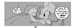 2016 ?_face anon anthro awake bed bed_sheet bedding claws comic cuddling daww dialogue duo english_text eyelashes female furniture generation_1_pokemon happy horn hotel human inside lying male mammal monochrome nidoqueen night nintendo pillow pokemon pokemon_(species) queenie_(shoutingisfun) scalie shoutingisfun sleeping slightly_chubby smile text