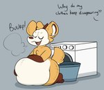 animate_inanimate anthro appliance belly_grab bloated burp_cloud burping conditional_dnp daisy_(verdantphysician) dialogue english_text eyes_closed female hi_res laundry_basket laundry_machine living_plushie monster obese object_vore offscreen_character overweight plushie solo stitch_(sewing) text tongue verdantphysician vore washing_machine