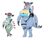 absurd_res anorith anthro armaldo big_breasts black_eyes blue_body breasts claws clothing duo feathers female fossil_pokemon generation_3_pokemon grey_body hi_res jacket legless legwear nintendo pokeball pokemon pokemon_(species) shirt simple_background swimwear tail teeth topwear urusee584 white_background