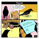 1:1 2024 art_of_emm avian bird black_body bodily_fluids box comic container corvid corvus_(genus) crow crying dialogue digital_drawing_(artwork) digital_media_(artwork) elliot_(art_of_emm) english_text feather_hands feathers feral food fruit gift gift_box legume mauve_background nest oscine passerine peanut_(food) plant post-it_note scandalous_six simple_background speech_bubble tears text yellow_background