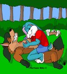 animal_genitalia anthro balls binky_bunny_(rutwell) black_hair black_nose blue_body blue_fur bottomwear breasts brown_body brown_fur clothed clothing dipstick_tail eyes_closed female female/female forest fur genitals gloves_(marking) group gulonine hair kthanid_(artist) lagomorph leg_markings leporid lying male mammal markings mustelid musteline nipple_fetish nipple_play nipple_suck nipples north_american_wolverine nude on_back penis pink_nose plant purple_hair rabbit randy_rabbit rutwell_forest scut_tail sheath short_tail shorts socks_(marking) steam sucking tail tail_markings teeth tree trio willomeena wolverine