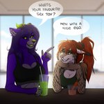 1:1 anthro big_breasts black_sclera breasts canid canine canis carrot cleavage clothed clothing dialogue drinking_straw duo english_text felid feline felis female food fur glass green_eyes hair hi_res horn iris_grim jessica_reed_(rimann) juice_(beverage) looking_at_viewer lycafel lynx mammal plant ponytail prehistoric_species purple_body purple_fur purple_hair red_hair rimann saber-toothed_tiger speech_bubble text vegetable wolf