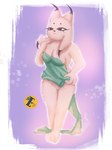 3:4 absurd_res anthro big_breasts black_body black_eyes black_fur bloodbluerain breasts cleavage clothed clothing dipstick_ears ear_markings ear_tuft featureless_crotch felid feline female floppy_ears fur green_towel hi_res lady_ethereal_(nine_sols) lop_ears mammal mostly_nude multicolored_ears narrowed_eyes nine_sols pink_body pink_fur purple_background red_candle_games simple_background smile solarian solo thick_thighs towel towel_only tuft white_background wide_hips