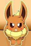 2024 absurd_res ambiguous_gender black_nose blush blush_lines brown_body brown_eyes chest_tuft cloudeon condom condom_in_mouth digital_drawing_(artwork) digital_media_(artwork) eevee feral fluffy_chest front_view generation_1_pokemon hi_res looking_at_viewer mouth_hold nintendo object_in_mouth pokemon pokemon_(species) sexual_barrier_device solo standing tail thick_thighs tuft