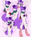 2021 ambiguous_gender anthro blue_scarf canid canine chest_markings chibi collage_(artwork) countershading english_text fox fur hair heart_(marking) hi_res leg_markings mammal markings mostly_nude multicolored_scarf multiple_images open_mouth pink_background pink_body pink_fur pink_nose portrait purple_body purple_fur purple_hair red_scarf scarf scarf_only simple_background smile socks_(marking) solo tametama text three-quarter_portrait two_tone_scarf uwu white_body white_countershading white_fur