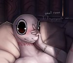 2018 anthro big_eyes blush crusch_lulu dialogue digital_media_(artwork) english_text female googly_eyes humor impregnation_request inside lizard lizardman lizardman_(overlord) lol_comments looking_at_viewer lying on_back overlord_(series) photonoko pillow reptile round_head scalie solo soul_devouring_eyes tattoo text white_body white_skin