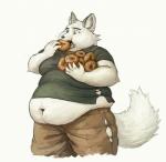 2019 anthro arctic_fox belly belly_overhang belly_rolls big_belly big_cheeks black_clothing black_nose black_shirt black_topwear canid canine cettus cheek_bulge chubby_cheeks chubby_face clothed clothing dessert doughnut eating fat_rolls food fox fur love_handles male mammal messy moobs muffin_top navel obese obese_male overweight overweight_male pastry puffed_cheeks shaded shirt smile soft_shading solo tail tearing_clothing thick_thighs topwear torn_clothing true_fox tuft white_body white_fur white_tail