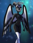 angel angel_humanoid black_body black_feathers breasts devilsroost exorcist_(hazbin_hotel) feathers female genitals glowing glowing_eyes grey_body grey_feathers halo hazbin_hotel hi_res horn humanoid looking_at_viewer lute_(hazbin_hotel) nipples open_mouth open_smile pussy simple_background smile solo thick_thighs third-party_edit wings