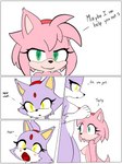 3:4 absurd_res accessory amy_rose areola blaze_the_cat blush blush_lines breasts dialogue duo english_text erect_nipples female female/female forehead_gem fur gem green_eyes hair headband hi_res hikaridraws implied_cunnilingus multicolored_body nipples pink_body pink_fur ponytail purple_body purple_fur red_areola red_headband sega small_breasts sonic_the_hedgehog_(series) text two_tone_body yellow_eyes