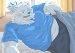 2024 anthro bed bedding blanket blue_nose blush bottomwear bulge canid canine canis clothing detailed_background domestic_dog furniture hi_res homohomofever inside kemono lifewonders live_a_hero male mammal open_mouth overweight overweight_male pants smile solo yohack