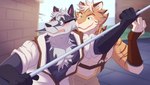 16:9 anthro badger blush clyde_(temptations_ballad) duo eyewear fantasy felid flirting glasses hi_res male male/male mammal mustelid musteline pantherine shirokoi sidd_(temptations_ballad) temptations_ballad_(visual_novel) tiger weapon whispering_in_ear widescreen