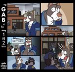 akita anthro building canid canine canis cellphone city clothing comic coveralls distracted domestic_dog electronics eyewear fangs felid fur gab_(comic) gabshiba group holding_cellphone holding_object holding_phone house imagining male mammal misunderstanding outside pantherine pensive phone pit_bull police police_officer police_uniform ruff_bull spitz suit sunglasses suspicious teeth uniform voff_akita