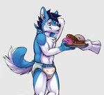 2022 anthro belt bottomwear canid canine canis clean_diaper clothed clothing countershading dessert diaper diaper_only domestic_dog doughnut food husky hybrid male mammal nordic nordic_sled_dog pastry solo spitz sugarbiscuits topless wearing_diaper weight_gain wintie wolf wolfdog