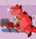 american_dragon:_jake_long argon_vile balls bodily_fluids breath cum cum_in_mouth cum_inside cum_on_balls devil_dinosaur dinosaur disney dragon duo english_text erection fellatio genital_fluids genitals hi_res jake_long male male/male marvel mythological_creature mythological_scalie mythology neck_bulge oral orgasm penile penis penis_in_mouth prehistoric_species red_body red_scales reptile scales scalie sex size_difference sweat text wings