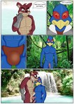 activision anthro balls blue_body blue_feathers border ciel-wolf clothed clothing comic crash_bandicoot_(series) crunch_bandicoot dialogue duo english_text falco_lombardi feathers forest fur genitals green_eyes heart_eyes heart_symbol humanoid_genitalia humanoid_penis jungle male male/male muscular muscular_anthro muscular_male nintendo nude penis pink_penis plant red_body red_fur sony_corporation star_fox text tree underwear water waterfall white_border