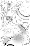 2024 anthro balls bear belly bepo_(one_piece) blush bodily_fluids comic cum dialogue english_text erection eyes_closed forced genital_fluids genitals hi_res male mammal minkmen_(one_piece) monochrome moobs nekokat42 nipples one_piece overweight overweight_male penetration penis polar_bear rape tears tentacle_penetration tentacles text ursine