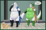 2024 2_horns 3:2 anthro belly big_belly big_breasts black_hair bloated breasts claws clothing collar detailed_background dewlap_(anatomy) dialogue digitigrade dragon duo english_text female fur furred_dragon furred_scalie green_body green_eyes green_fur green_hair hair hi_res horn huge_belly kate_(arcticka) membrane_(anatomy) membranous_wings mythological_creature mythological_scalie mythology navel obese obese_female overweight overweight_female scalie shaded signature soft_shading stuffing tail text thick_tail thick_thighs torn_clothing victoire weight_gain white-dragon white_hair wide_hips wings