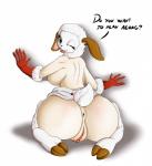 2015 anthro anus big_breasts bovid breasts butt butt_focus caprine clitoris clothing conditional_dnp dialogue domestic_sheep english_text female genitals gloves handwear hi_res lamb_chop lamb_chop's_play_along looking_at_viewer looking_back mammal pbs presenting presenting_hindquarters pussy sheep simple_background solo suirano text white_background wide_hipped_female