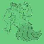 1:1 anthro awarebear cephalopod coleoid cuttlefish decapodiform fin green_background looking_at_hand male marine mid_transformation mollusk muscular muscular_male navel nipples nude simple_background solo tentacles transformation trunk werecreature werecuttlefish