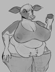 absurd_res anthro areola areola_visible_through_clothing belly big_belly big_breasts body_hair bottomwear bovid bovine breasts cattle cleavage clothed clothing crop_top electronics elizabeth_(luminared) female hair happy_trail hi_res huge_breasts looking_at_object looking_at_phone low-riding luminared mammal monochrome nipple_outline obese overweight overweight_female pants phone pubes shirt short_hair sketch solo sweatpants thick_thighs topwear translucent wide_hips