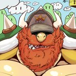 1:1 beard big_beard big_muscles bowser clothing daddyfication facial_hair hat headgear headwear hi_res horn koopa long_beard male mario_bros muscular nintendo pokenerd8 scalie shell solo spikes