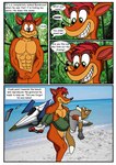 activision aircraft anthro bandicoot beach black_nose canid canine ciel-wolf clothed clothing comic covering covering_crotch crash_bandicoot crash_bandicoot_(series) dialogue duo english_text forest fox fox_mccloud fur jungle male male/male mammal marsupial nintendo nude orange_body orange_fur plant star_fox text tree vehicle