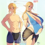 1:1 belly big_belly big_breasts blonde_hair blush breasts breath_of_the_wild choker clothed clothing coffeeslice duo english_text female gameplay_mechanics green_eyes growth gui hair hands_on_hips health_bar heart_symbol height_comparison hi_res humanoid humanoid_pointy_ears hylian jewelry larger_female link long_hair male muscular muscular_humanoid muscular_male navel necklace nintendo nipple_outline not_furry outie_navel pointy_ears pregnant pregnant_female pregnant_humanoid princess_zelda shirtless size_difference standing text the_legend_of_zelda translated underwear underwear_only