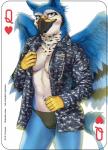 2019 5_fingers abs anthro avian beak bird black_beak black_body black_feathers black_fur blue_body blue_feathers blue_fur blue_jay breasts bulge camo card card_template clothing copyright_symbol corvid digicamo digital_camo digital_camouflage digital_media_(artwork) english_text feathered_wings feathers female fingers fonyaa forearms fur green_clothing green_panties green_underwear grey_eyes gryphon gynomorph heart_symbol hearts_(suit) hybrid intersex irene_(purpthegryphon) jacket jay_(bird) looking_at_viewer medical_instrument military mythological_avian mythological_creature mythology navel navy navy_camo new_world_jay oscine panties passerine playing_card playing_card_template queen_of_hearts_(card) scaled_forearms scales scientific_instrument shirt simple_background solo standing stethoscope symbol text topwear u.s._navy underwear uniform white_background white_body white_fur wings