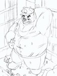 2023 anthro bear belly big_belly biped bottomwear brok_(brok_the_investigator) brok_the_investigator clothing cowcat_games duo hat headgear headwear hi_res kemono macro male mammal monochrome outside overweight overweight_male pants r.j._(brok_the_investigator) shirt skydon topwear