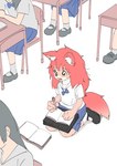 anthro asian_clothing bodily_fluids book canid canine chair classroom clothing comic desk distressed east_asian_clothing female fox fur_(theterm) furniture group holding_object holding_pen human japanese_clothing japanese_school_uniform kemono kneeling mammal on_chair pen school school_uniform seiza serafuku sitting sitting_on_chair sitting_on_ground student sweat table theterm uniform writing_text young young_anthro young_female young_human