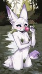 2024 anthro big_ears blizzard_entertainment blue_eyes breasts canid ear_piercing ear_ring female female_anthro flakey_the_vulpera flower fluffy fluffy_tail front_view fur hi_res holding_flower holding_object inner_ear_fluff leaf leaf_censor mammal partially_submerged pasties piercing plant ring_piercing rose_(flower) slim small_breasts smile solo spuydjeks standing_in_water tail tuft vulpera warcraft water wet white_body white_fur