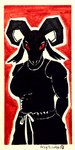 1:2 black_body black_fur bottomwear bovid caprine clothed clothing cross_eyes female fragilescales fur goat hi_res horn ink looking_at_viewer mammal marker_(artwork) pants red_background red_eyes simple_background solo sweatpants traditional_media_(artwork)