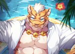 2022 anthro bare_chest blue_eyes clothing countershading deity felid flotation_device fur hi_res lin_hu looking_at_viewer male mammal nekojishi pantherine ponzu_tas solo studio_klondike swimming_pool tiger topwear