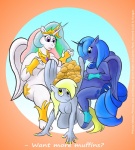 Rating: q
ID: 190474
Date: 2012-01-24 16:38:15 -0500
Status: active
Score: -3
absurd_res anthro anthrofied blonde_hair blue_eyes blue_hair breasts crown cutie_mark derpy_hooves_(mlp) duragan equid equine feathered_wings feathers female food friendship_is_magic gradient_background group hair hasbro headgear hi_res horn mammal muffin multicolored_hair my_little_pony mythological_creature mythological_equine mythology nude overweight pegasus princess princess_celestia_(mlp) princess_luna_(mlp) purple_eyes royalty signature simple_background slightly_chubby stuffing tail text winged_unicorn wings yellow_eyes post #190474