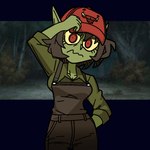 1:1 baseball_cap bunny75 clothing female frown goblin green_body green_skin hat headgear headwear helltaker humanoid long_ears looking_at_viewer malina_(helltaker) not_furry overalls red_eyes solo traced