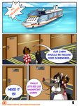 2019 absurd_res alst anthro canid canine canis clothed clothing comic comic_panel cruise_ship dialogue dialogue_box door doorframe doorway dress duo female hi_res honeymoon_cruise hyena inside male male/female mammal menzo merchant_ship mexican_wolf passenger_ship sea ship speech_bubble thaismotosuwa vehicle water watercraft wolf