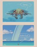 ambiguous_gender anomalocarid anomalocaris arthropod claws cloud comic compound_eyes day exoskeleton feral floating hi_res kmbk_arkadia marine partially_submerged planet_rings prehistoric_species profanity sea signature solo speech_bubble water