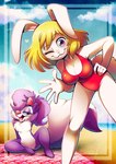 anthro beach carrot_(one_piece) clothing duo female fifi_la_fume hi_res one-piece_swimsuit one_eye_closed one_piece swimwear tiny_toon_adventures vaporotem warner_brothers wink