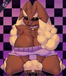 anthro areola big_breasts biped breasts brown_areola brown_body chest_tuft clothed clothing eyelashes female fur generation_4_pokemon hi_res huge_breasts looking_at_viewer lopunny neodrani nintendo pokemon pokemon_(species) pupils smile solo thick_thighs tuft