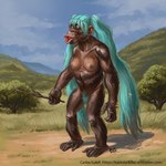 1:1 africa anthro australopithecus caek_(artist) female hair hatsune_miku hi_res hominin lips mammal nude primate pubes savanna solo vocaloid