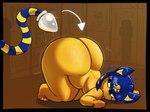 analizer2345 animal_crossing ankha_(animal_crossing) anthro ass_up big_butt blue_hair blush blush_lines bottom_heavy brown_background butt buttplug buttplug_tail digital_media_(artwork) directional_arrow domestic_cat english_text fake_tail felid feline felis female fur hair heart_symbol hi_res huge_butt looking_back mammal motion_lines motion_onomatopoeia nintendo nude on_ground onomatopoeia pear-shaped_figure plug_(sex_toy) presenting presenting_hindquarters sex_toy simple_background slightly_chubby slightly_chubby_female solo sound_effects text wide_hips yellow_body yellow_fur