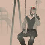 1:1 2024 ailurid anthro beard biped bonfiredemon bottomwear claws clothed clothing digital_media_(artwork) facial_hair finger_claws fur hi_res male male_anthro mammal mohawk multicolored_body multicolored_fur muscular outside pants red_eyes red_panda sitting_on_swing slide solo swing topless topless_anthro topless_male